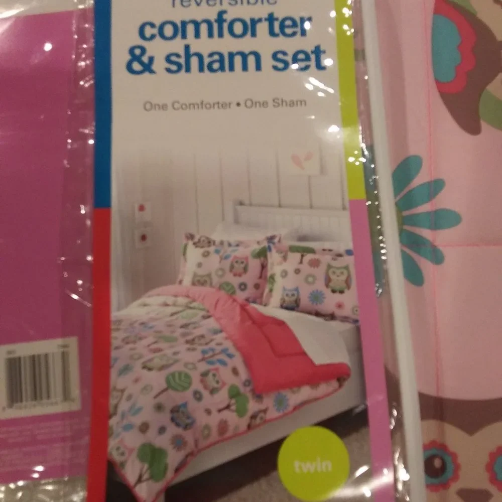 Twin Comforter & Pillow Sham - Kids 2 Pc Set Bedspread Owl Pattern Pink & Green